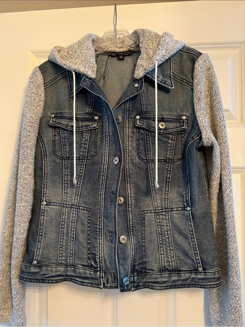 Women’s Inc - Detachable Hooded Denim Jacket with Knit Sleeves - Gray - Medium